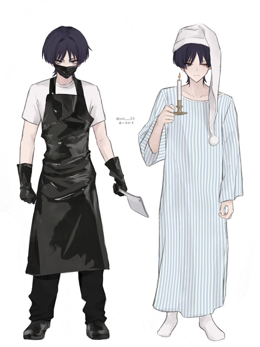 1boy alternate_costume apron arms_at_sides bags_under_eyes bishounen black_apron black_eyes black_gloves black_hair black_mask black_pants black_shoes blue_sleeves candle candlelight candlestand casual clenched_hands closed_mouth collarbone contemporary full_body genshin_impact glaring gloves hair_intakes hand_up hat highres holding_candlestand latex latex_gloves leather_apron long_sleeves looking_at_viewer mask mouth_mask multiple_views nightcap one_eye_closed pants pom_pom_(clothes) sanpaku scaramouche_(genshin_impact) shirt shoes socks standing striped_clothes striped_shirt translation_request tsurime twitter_username white_hat white_sleeves white_socks wispy_bangs yuii_03