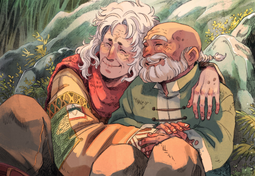 2boys ^_^ alternate_costume ameliecausse aries_shion bald beard casual chinese_clothes closed_eyes facial_hair green_jacket grin highres hikimayu jacket libra_douko long_hair low_ponytail multiple_boys old old_man on_ground outdoors ponytail red_scarf saint_seiya scarf sitting smile tangzhuang tibetan_clothes white_hair