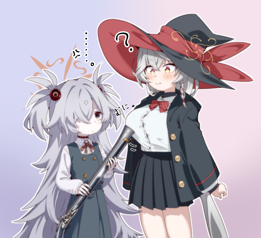 ... 2girls ? anger_vein antique_firearm black_hat black_jacket blue_archive blunderbuss bow bowtie braid breast_envy breasts brown_halo collared_shirt commentary_request cowboy_shot diagonal-striped_ribbon dress eri_(blue_archive) firearm grey_hair gun hair_between_eyes hair_ornament hair_over_one_eye halo hat highres holding holding_gun holding_weapon jacket kanoe_(blue_archive) long_hair long_sleeves looking_at_another multiple_girls open_clothes open_jacket pinafore_dress pink_background purple_background red_bow red_bowtie ryokasaka shirt simple_background sleeveless sleeveless_dress smile two-tone_background two_side_up weapon white_shirt witch_hat yellow_eyes