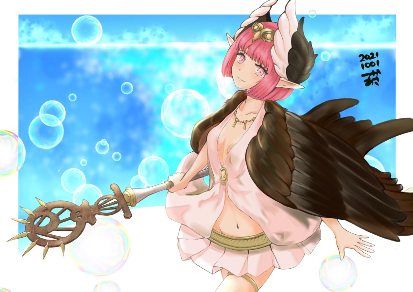 1girl absurdres black_wings blush border bowed_wings breasts bubble circe_(fate) closed_mouth collarbone dated dress fate/grand_order fate_(series) feathered_wings gold_necklace gold_thighlet hair_ornament head_wings highres holding holding_staff jewelry looking_at_viewer navel necklace outside_border pink_eyes pink_hair pointy_ears short_hair skirt small_breasts smile solo staff thighlet tsukaasa white_border white_dress white_skirt white_wings wings