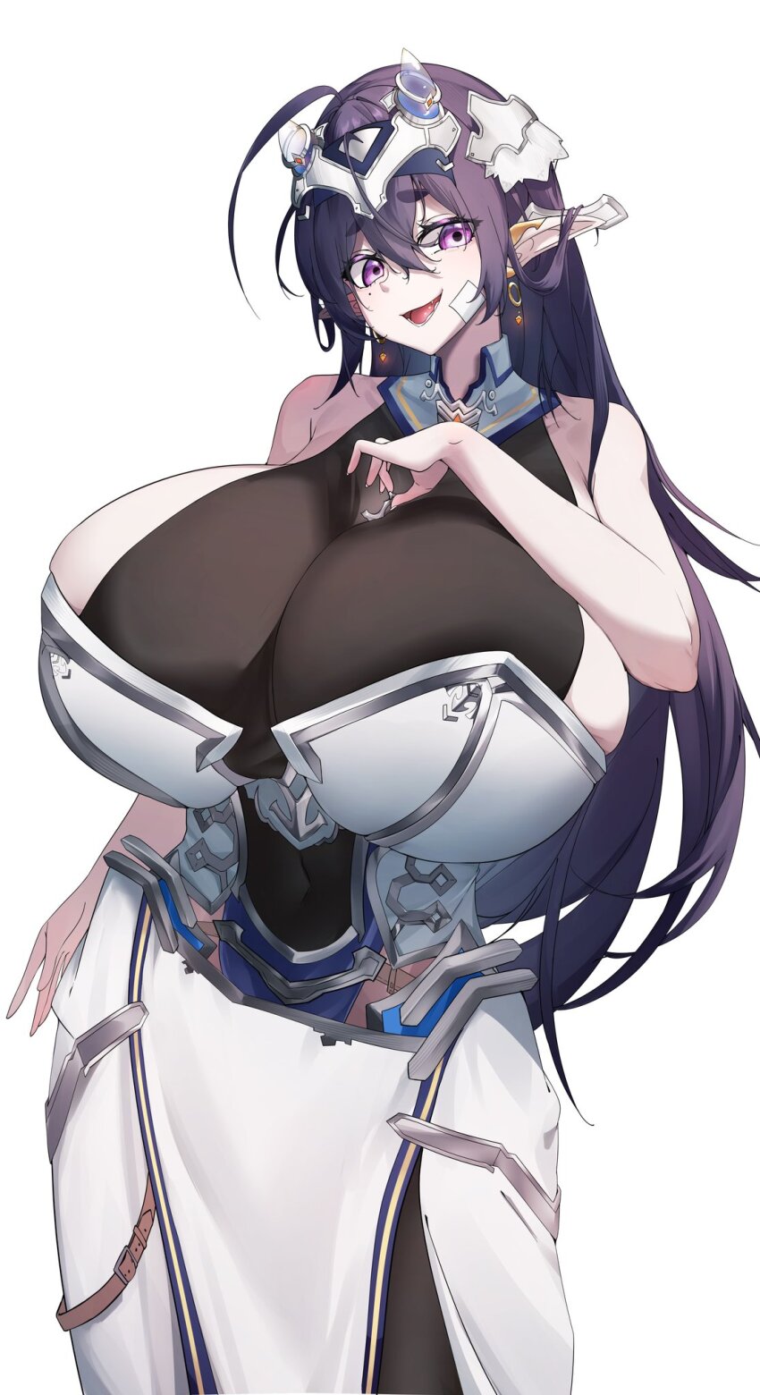 black_hair breasts commentary cowboy_shot gigantic_breasts haitai_(haitai_umita) haitai_umita hand_on_own_chest highres indie_virtual_youtuber long_hair open_mouth pointy_ears purple_eyes solo symbol-only_commentary virtual_youtuber
