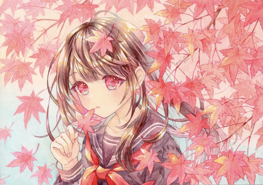 1girl :/ ahoge amu_(m_aa) artist_name autumn autumn_leaves black_serafuku blurry blurry_background brown_hair closed_mouth dated dot_nose expressionless highres leaf leaf_on_head long_hair looking_at_viewer maple_tree neckerchief original painting_(medium) pink_lips portrait purple_eyes red_leaf red_neckerchief school_uniform serafuku sidelocks signature solo traditional_media tree watercolor_(medium)