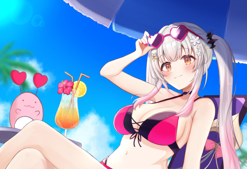 1girl absurdres arm_up beach_umbrella bikini black_bikini blue_sky blush breasts brown_eyes cleavage closed_mouth commentary_request cross-laced_bikini cross-laced_clothes cross-laced_top crossed_legs daysss demon_tail eyewear_on_head flower front-tie_bikini_top front-tie_top gradient_hair grey_hair hair_flower hair_ornament hairclip headgear heart heart-shaped_eyewear highres indie_virtual_youtuber kanikama_(suou_patra) lens_flare long_hair looking_at_viewer multi-strapped_bikini_bottom multicolored_hair nail_polish outdoors pink_hair pink_nails red_bikini removing_eyewear sidelocks sky smile solo sunglasses suou_patra swimsuit tail tropical_drink twintails two-tone_background umbrella very_long_hair virtual_youtuber