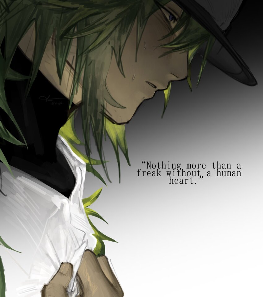 1boy baseball_cap black_shirt blue_eyes clothes_grab collared_shirt commentary creatures_(company) empty_eyes english_text game_freak gradient_background green_hair hair_between_eyes hat highres looking_ahead male_focus n_(pokemon) nintendo parted_lips pokemon pokemon_bw profile shirt shirt_grab solo turtleneck upper_body vvyy4 white_shirt wing_collar