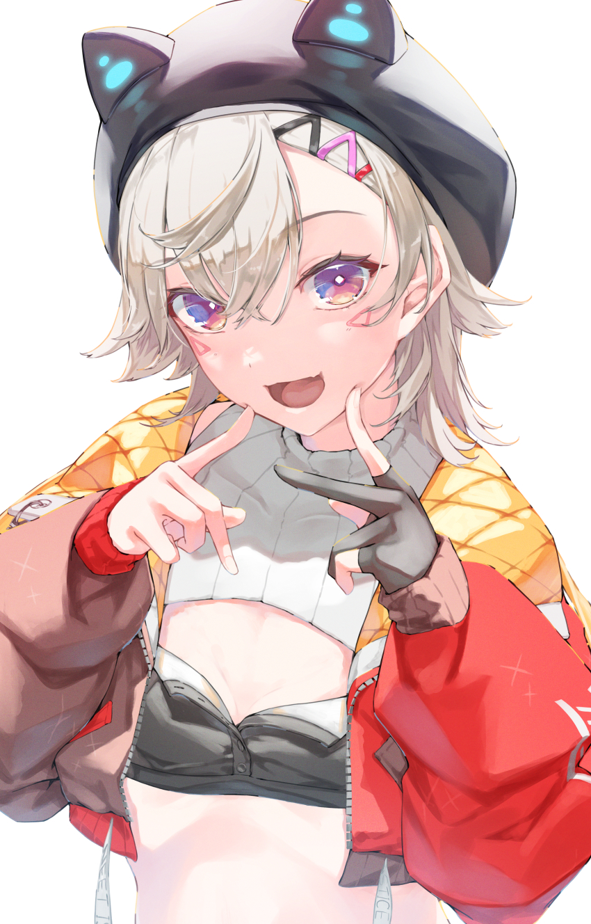 1girl absurdres animal_hat beret black_gloves black_hat breasts cat_hat crop_top cropped_jacket facial_mark gloves gradient_eyes hair_between_eyes hair_ornament hairpin hat highres jacket komori_met looking_at_viewer medium_hair multicolored_eyes multicolored_jacket multiple_hairpins oa_(or_12o) open_mouth partially_fingerless_gloves quilted_jacket simple_background single_glove small_breasts solo swept_bangs two-tone_jacket upper_body virtual_youtuber vspo! white_background