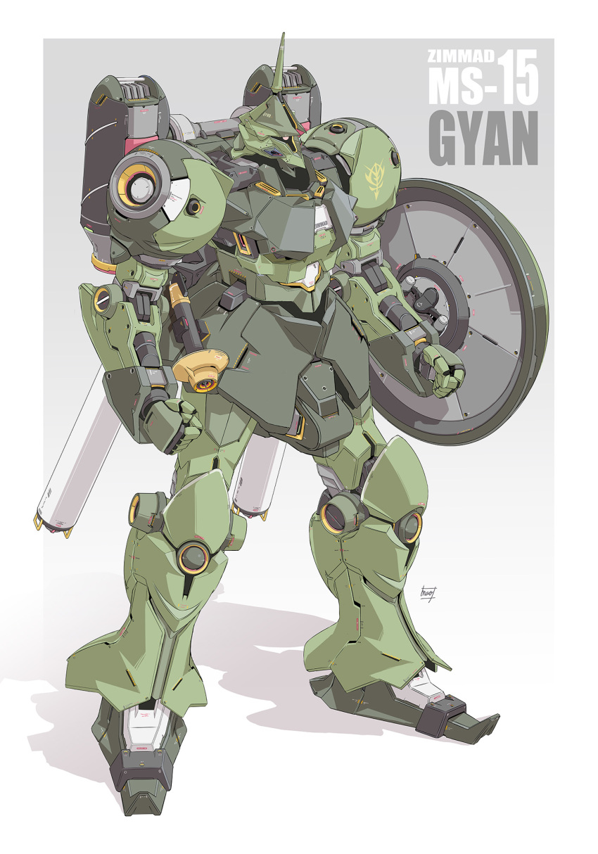 arm_shield arms_at_sides border character_name clenched_hands commentary_request fading_border full_body gradient_background gundam gyan highres insignia legs_apart mao_(6r) mecha mecha_focus mobile_suit mobile_suit_gundam no_humans one-eyed red_eyes redesign robot science_fiction shadow signature solo standing thrusters white_border zeon