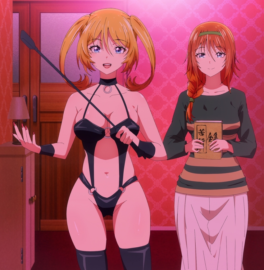 anime_screenshot baldwin_kagura black_thighhighs blonde_hair blue_eyes breasts cleavage dominatrix hairband highres large_breasts mia_christoph navel o-ring orange_hair riding_crop stitched temple_(series) thighhighs third-party_edit twintails whip