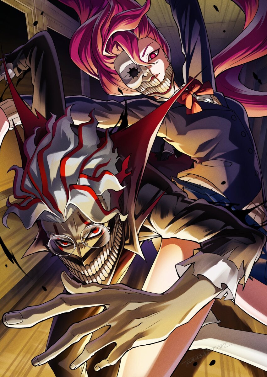 1boy 1girl alternate_form dandadan gakuran glasses highres mask mouth_mask multicolored_hair pink_hair ponkichi_(hazama_senkonmeiraku) red_eyes round_eyewear school_uniform shiratori_aira_(dandadan) takakura_ken_(dandadan) takakura_ken_(transformed)_(dandadan) tall_hair transformation two-tone_hair
