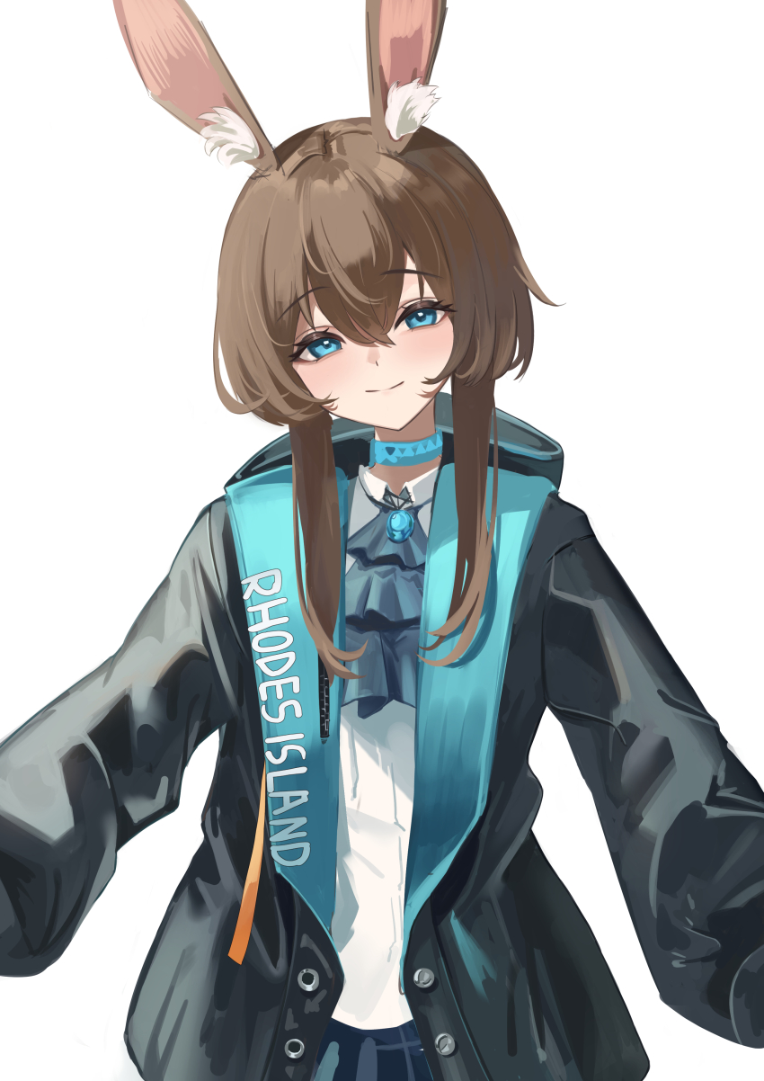 1girl absurdres amiya_(arknights) animal_ears arknights ascot black_jacket blue_ascot blue_eyes brown_hair closed_mouth clothes_writing collared_shirt commentary gem hair_between_eyes highres jacket long_sleeves looking_at_viewer outstretched_arms reaching reaching_towards_viewer remapack77 shirt short_hair_with_long_locks sidelocks simple_background smile solo white_background white_shirt