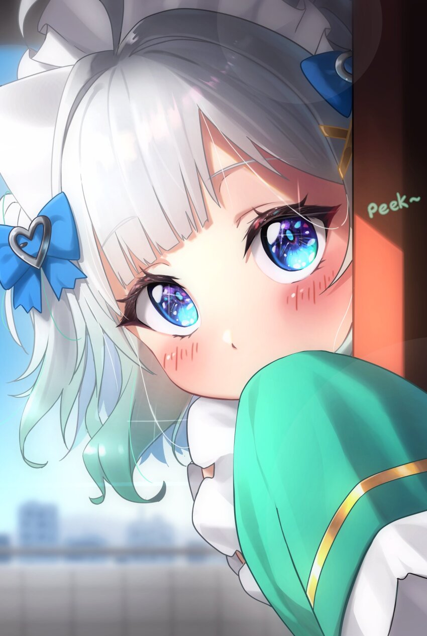 1girl absurdres ahoge blue_bow blue_eyes blunt_bangs blurry blurry_background blush bow dress ghostenjoyerguy7007 gradient_hair green_dress green_hair hair_bow hair_ornament hashtag-only_commentary highres indie_virtual_youtuber long_sleeves looking_at_viewer maid_headdress mint_fantome mint_fantome_(minto_2.0) multicolored_hair short_hair sleeves_past_fingers sleeves_past_wrists solo triangular_headpiece two_side_up virtual_youtuber white_hair x_hair_ornament