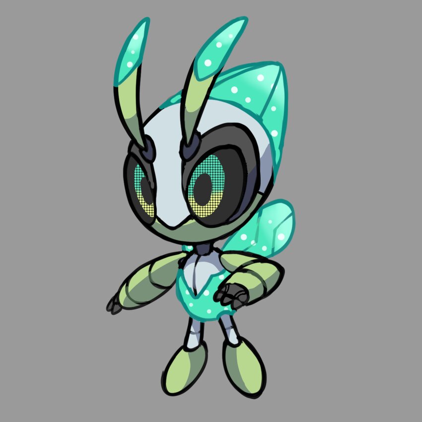 absurdres adoptable antennae black_sclera celebi colored_sclera commentary creatures_(company) english_commentary fakemon full_body game_freak gen_2_pokemon green_eyes grey_background highres legendary_pokemon mythical_pokemon nintendo no_humans original pixel_eyes pokemon pokemon_(creature) rgreywind robot simple_background solo wings