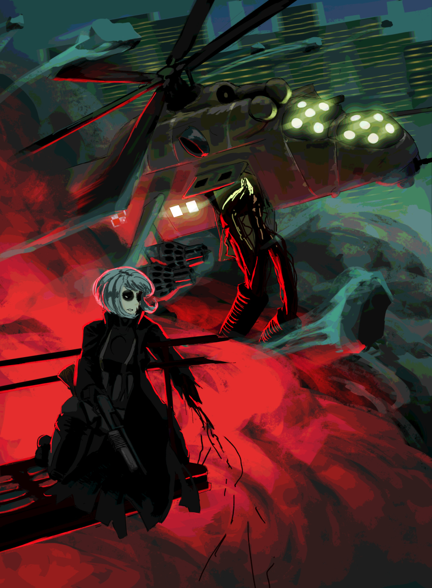 1boy 1girl aircraft animate_object attack_helicopter black_bodysuit black_coat bleeding blood bodysuit bodysuit_under_clothes breasts bruise bruised_eye building cable catwalk_(walkway) city_lights coat commentary damaged debris explosion floating_hair glowing_windows gun helicopter high_up highres holding holding_gun holding_weapon injury ivantsg john_(peripeteia) kneeling ks-23 marie_(peripeteia) medium_breasts medium_hair mi-24 military_vehicle missing_limb motion_blur night night_sky open_clothes open_coat outdoors painterly peripeteia polish_air_force_checkerboard popped_collar red_light shotgun sky skyline skyscraper smoke trench_coat turning_head weapon