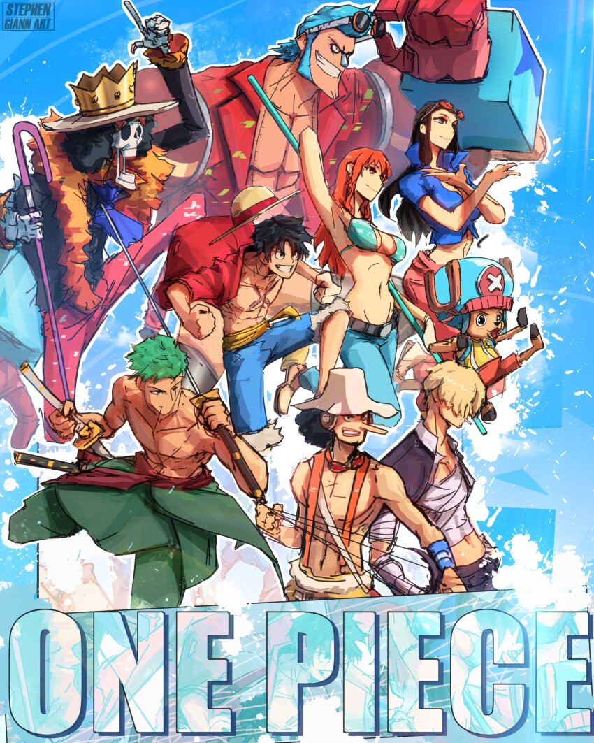 2girls 6+boys absurdres antlers bikini bikini_top_only black_hair blonde_hair blue_hair blue_jacket blue_shorts brook_(one_piece) cane commentary copyright_name crossed_arms crown denim feather_boa franky_(one_piece) green_hair hair_slicked_back hat highres holding holding_cane holding_sword holding_weapon horns jacket jacket_on_shoulders jeans long_hair long_nose looking_ahead monkey_d._luffy multiple_boys multiple_girls nami_(one_piece) navel nico_robin one_piece orange_hair pants pink_sarong pompadour red_shirt reindeer_antlers roronoa_zoro sanji_(one_piece) sarong sash scar scar_on_chest scar_on_face shirt short_hair shorts sideburns sidelocks skeleton stephengiannart stitched_torso stitches straw_hat_pirates suspenders swimsuit sword tony_tony_chopper usopp weapon wristband