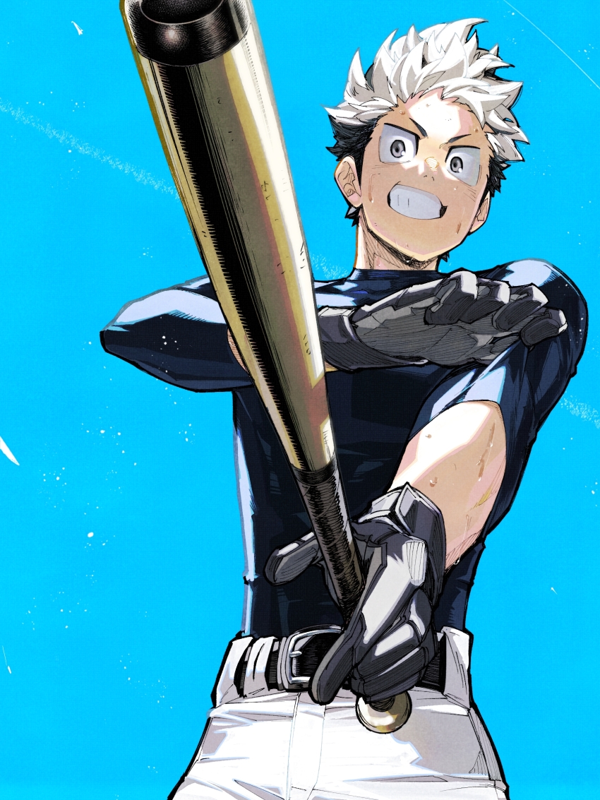 1boy baseball_bat black_gloves black_hair black_shirt blue_background character_request commentary_request copyright_request cowboy_shot gloves grey_eyes highres holding holding_baseball_bat male_focus multicolored_hair pants shirt short_hair solo spiked_hair takeuchi_(a3) two-tone_hair white_hair white_pants