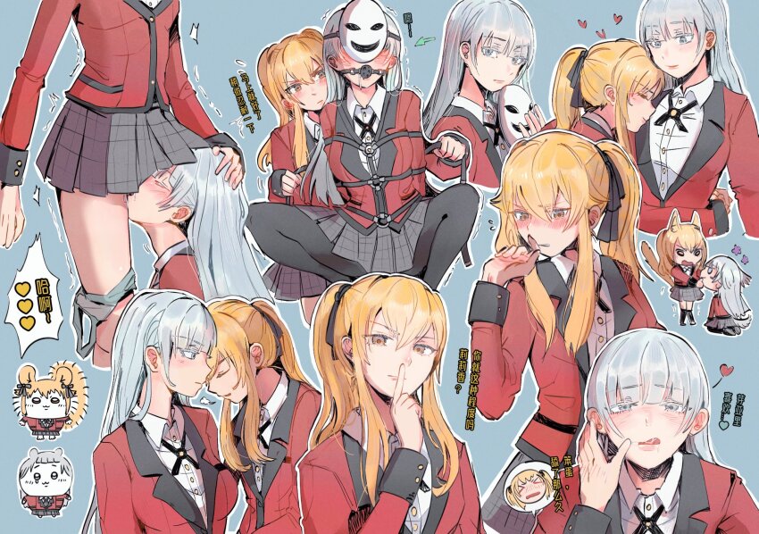 &gt;_&lt; 2girls blonde_hair blue_background blush chinese_commentary chinese_text closed_eyes closed_mouth collared_shirt commentary_request cunnilingus dogbrooo grey_eyes grey_hair grey_skirt hand_on_another&#039;s_head heads_together heart highres jacket kakegurui long_hair momobami_ririka multiple_girls oral outline plaid_clothes plaid_skirt pleated_skirt pussy_juice red_jacket saotome_mary shirt simple_background skirt standing standing_cunnilingus translation_request twintails white_outline white_shirt yuri