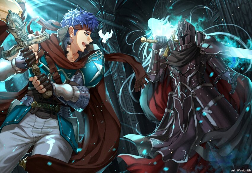 2boys alondite armor artist_name bird black_armor black_cape black_gloves black_knight_(fire_emblem) blue_eyes blue_fire blue_hair cape commission duel fingerless_gloves fire fire_emblem fire_emblem:_radiant_dawn full_armor gauntlets gloves glowing glowing_weapon greatsword helm helmet holding holding_sword holding_weapon huge_weapon ike_(fire_emblem) ike_(vanguard_legend)_(fire_emblem) multiple_boys nintendo pauldrons ragnell red_cape shoulder_armor sword torn_cape torn_clothes wani_(fadgrith) weapon yune_(fire_emblem)