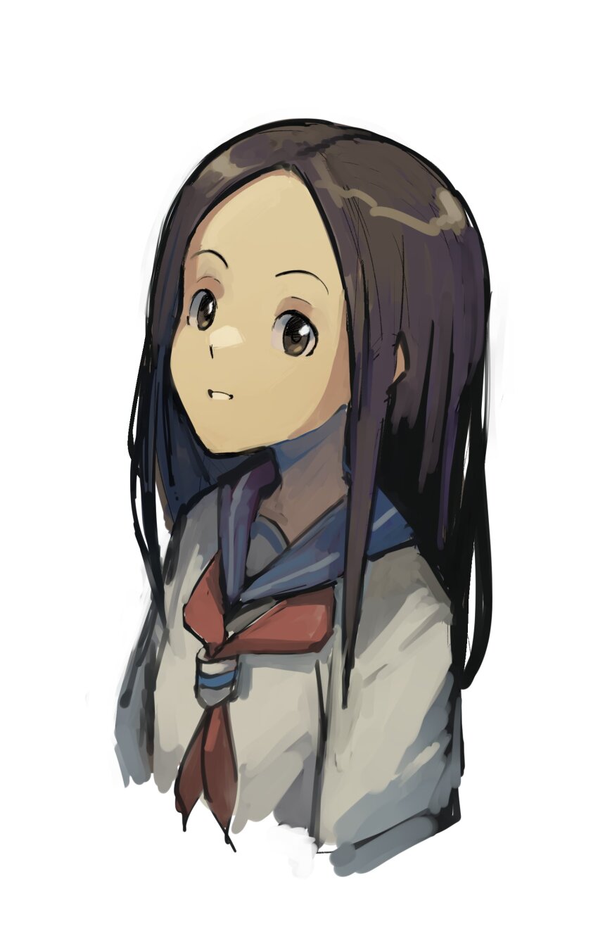 absurdres blue_sailor_collar brown_eyes brown_hair highres karakai_jouzu_no_takagi-san kornod long_hair sailor_collar school_uniform shirt takagi-san upper_body white_background white_shirt