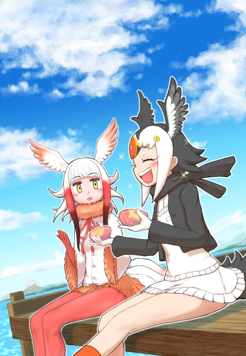 2girls aotsuki_tsutome atlantic_puffin_(kemono_friends) bird_girl bird_wings black_hair black_jacket black_scarf blonde_hair blunt_bangs blush closed_eyes elbow_gloves food frilled_sleeves frills gloves head_wings highres jacket japanese_crested_ibis_(kemono_friends) japari_bun kemono_friends long_sleeves multicolored_hair multiple_girls ocean open_clothes open_jacket open_mouth orange_hair orange_socks pantyhose pleated_skirt red_gloves red_hair red_pantyhose red_skirt scarf shirt sitting skirt smile socks vest white_gloves white_hair white_shirt white_skirt white_vest wings yellow_eyes