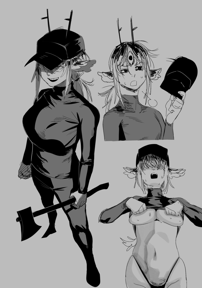1girl absurdres axe breasts hat highres holding holding_axe holding_unworn_clothes holding_unworn_hat keiko_(worldgore) long_sleeves multiple_views non-web_source open_mouth original pants puff_of_air source_request sweat underboob unworn_hat unworn_headwear worldgore
