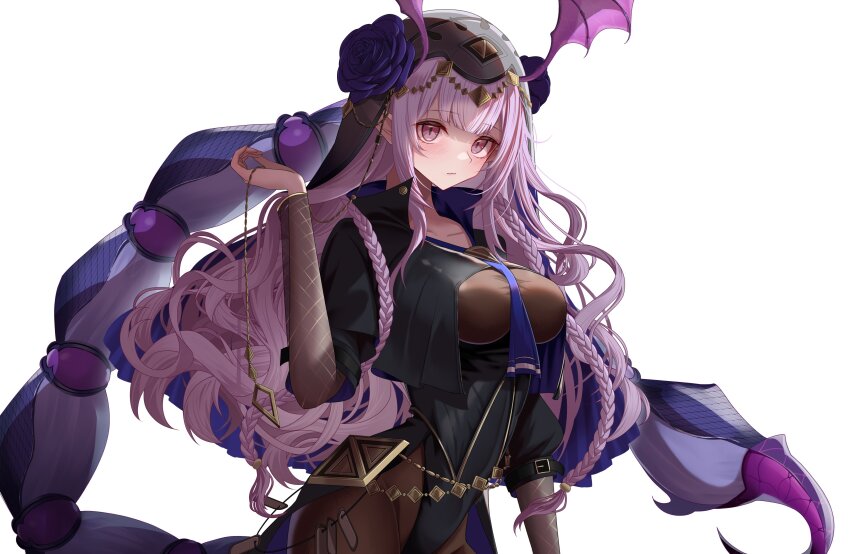 1girl absurdres arknights black_leotard blue_necktie bodystocking braid breast_curtains breasts commentary hand_up head_chain head_wings highres jewelry large_breasts leotard long_hair looking_at_viewer manticore_(arknights) manticore_(under_a_veil)_(arknights) necktie official_alternate_costume pointy_ears purple_eyes purple_hair scorpion_tail simple_background solo sonna_watashi tail twin_braids upper_body veil wavy_hair white_background wings