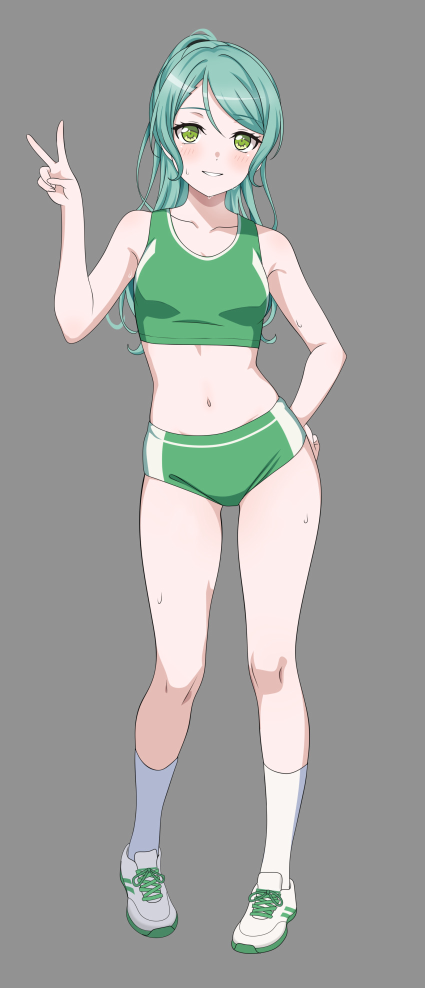1girl absurdres aqua_hair bang_dream! blush breasts buruma collarbone commentary commission english_commentary fries_vanquisher full_body green_buruma green_eyes green_sports_bra grey_background hand_on_own_hip hand_up highres hikawa_sayo long_hair looking_at_viewer medium_breasts navel open_mouth pixiv_commission ponytail simple_background socks solo sports_bikini sports_bra standing stomach sweat sweater track_and_field v white_footwear white_socks