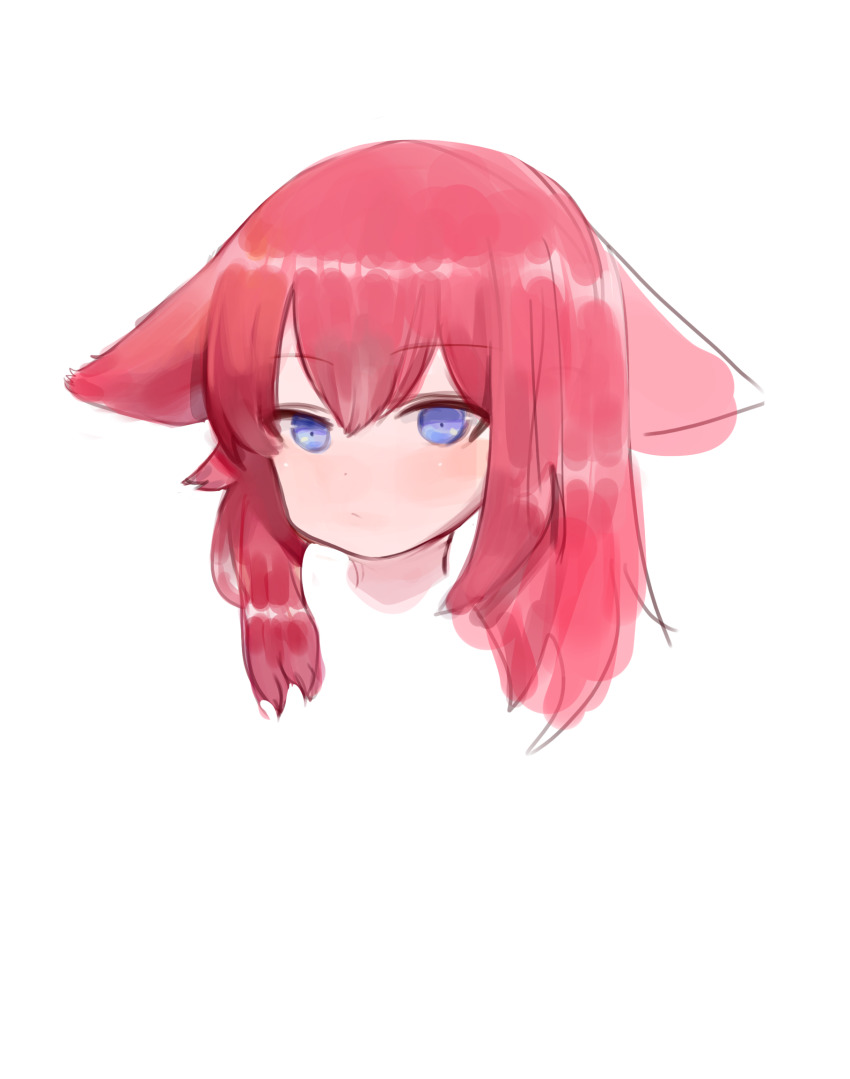 1girl animal_ears bad_id bad_pixiv_id blue_eyes blush closed_mouth dokomon female_focus hair_between_eyes head highres long_hair looking_at_viewer original red_hair simple_background solo white_background