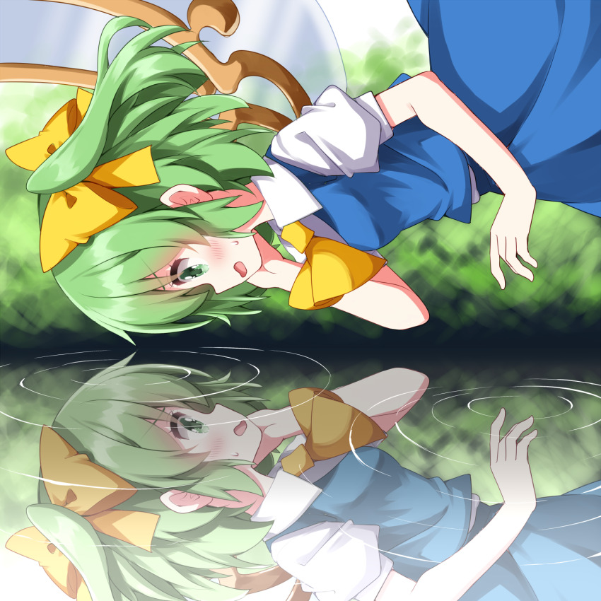 1girl ascot blue_skirt blue_vest blush bow collared_shirt commentary_request cowboy_shot daiyousei fairy_wings from_side green_eyes green_hair hair_bow highres looking_at_reflection looking_at_self open_mouth profile puffy_short_sleeves puffy_sleeves reflection reflective_water ripples ruu_(tksymkw) shirt short_hair short_sleeves skirt skirt_set solo sweatdrop touhou vest water white_shirt wings yellow_ascot yellow_bow