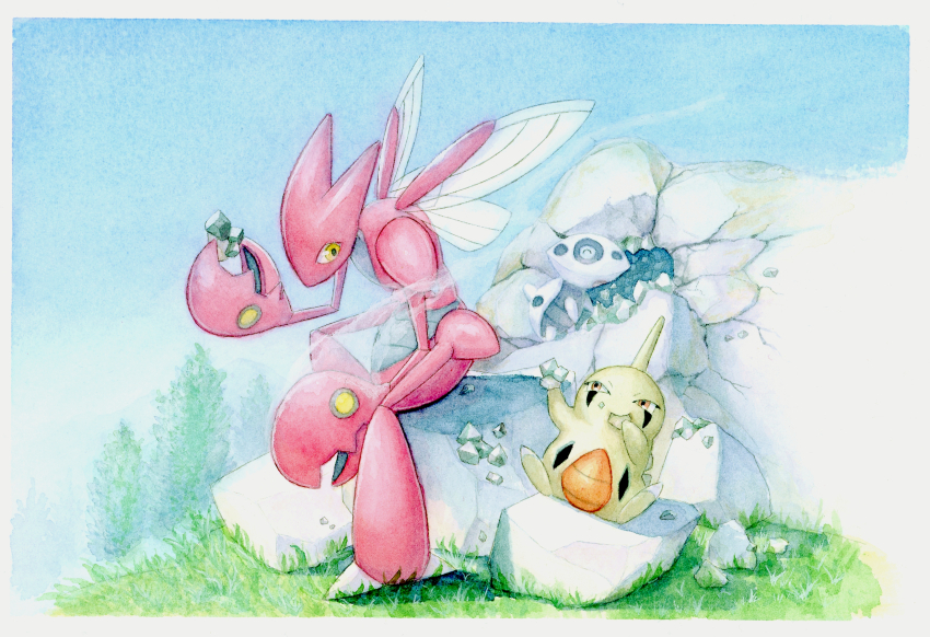 aotake_tomo aron border eating game_freak gen_2_pokemon gen_3_pokemon grass highres holding holding_rock larvitar nintendo no_humans on_rock outdoors painting_(medium) pokemon pokemon_(creature) rock scizor sitting traditional_media watercolor_(medium) white_border yellow_eyes