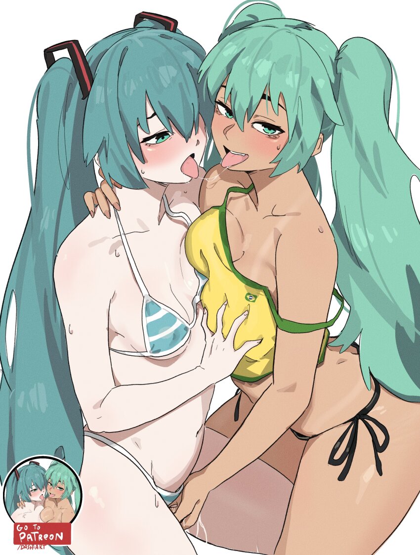 2girls absurdres aqua_eyes aqua_hair asymmetrical_docking bare_shoulders bikini black_bikini black_tank_top blush brazilian_miku breast_press breasts collarbone dashi_(dashiart) dual_persona female_ejaculation fingering french_kiss grabbing_another&#039;s_breast green_eyes grey_hair groping hatsune_miku highres kiss large_breasts looking_at_viewer multiple_girls navel off_shoulder patreon_username selfcest simple_background small_breasts striped_bikini striped_clothes swimsuit tan tank_top tongue tongue_out twintails vocaloid white_background yuri