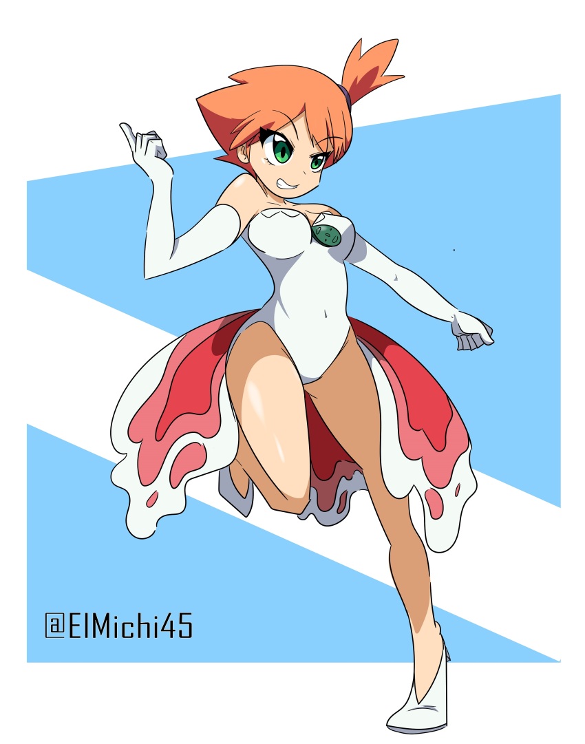 1girl absurdres asymmetrical_hair bare_shoulders blush breasts cosplay cowboy_shot dress el_michi45 elbow_gloves female_focus gen_1_pokemon gloves goldeen goldeen_(cosplay) green_eyes hair_tie highres legs looking_at_another medium_breasts misty_(pokemon) navel nintendo orange_hair pokemon pokemon_(anime) pokemon_(classic_anime) pokemon_ep043 ponytail shirt short_hair side_ponytail simple_background solo thighs