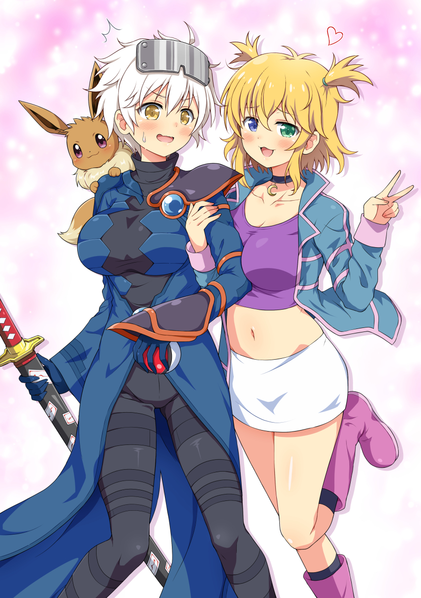 2girls :3 absurdres ahoge black_bodysuit black_socks blonde_hair blue_coat blue_eyes blue_gemstone blue_jacket blush bodysuit boots breasts choker cleavage coat collarbone collared_jumpsuit commission cosplay crescent crossover eevee eevee_ears eevee_tail eggman_(ni_tamagoex) embarrassed fluffy forehead_protector gem gen_1_pokemon gloves green_eyes groin hair_between_eyes heart heterochromia highres holding holding_another&#039;s_arm holding_poke_ball holding_sheath holding_sword holding_weapon jacket katana large_breasts long_coat long_sleeves looking_at_viewer midriff miniskirt miyabi_(senran_kagura) multicolored_jacket multiple_girls navel nintendo ofuda on_shoulder open_mouth pendant_choker pink_background pink_jacket poke_ball poke_ball_(basic) pokemon pokemon_(creature) pokemon_colosseum pokemon_on_shoulder purple_eyes purple_shirt rui_(pokemon) rui_(pokemon)_(cosplay) ryouna_(senran_kagura) scabbard senran_kagura senran_kagura_shinovi_versus sheath sheathed shiny_skin shirt short_hair shoulder_pads sidelocks single_shoulder_pad skeb_commission skirt slit_pupils smile snag_machine socks standing stomach sweatdrop sword thigh_strap tsuba_(guard) tsuka-ito tsuka_(handle) twintails two-tone_jacket v v-shaped_eyebrows weapon wes_(pokemon) wes_(pokemon)_(cosplay) white_hair white_skirt yellow_eyes yuri