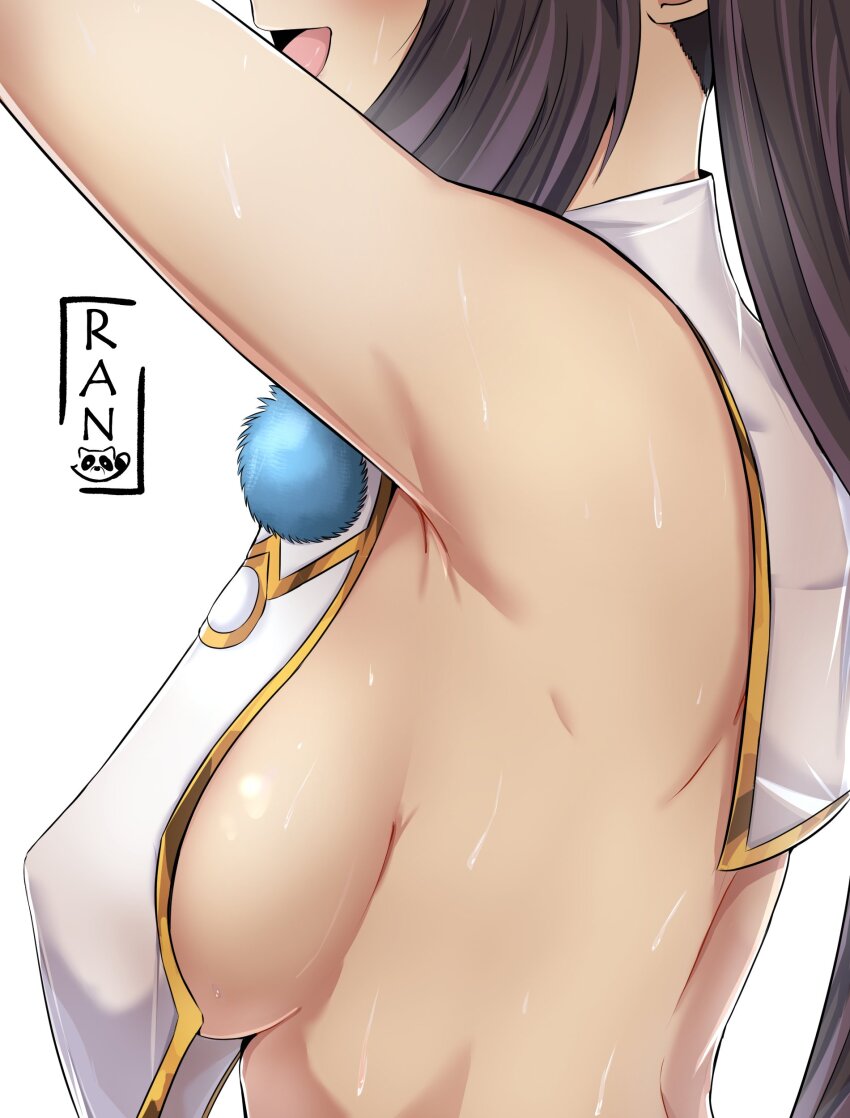 1girl absurdres arm_up armpits artist_name black_hair breast_curtain breasts covered_erect_nipples eyes_out_of_frame fate/grand_order fate_(series) from_side head_out_of_frame highres just_ran long_hair medium_breasts missing_commentary sideboob simple_background solo sweat ushiwakamaru_(fate) white_background