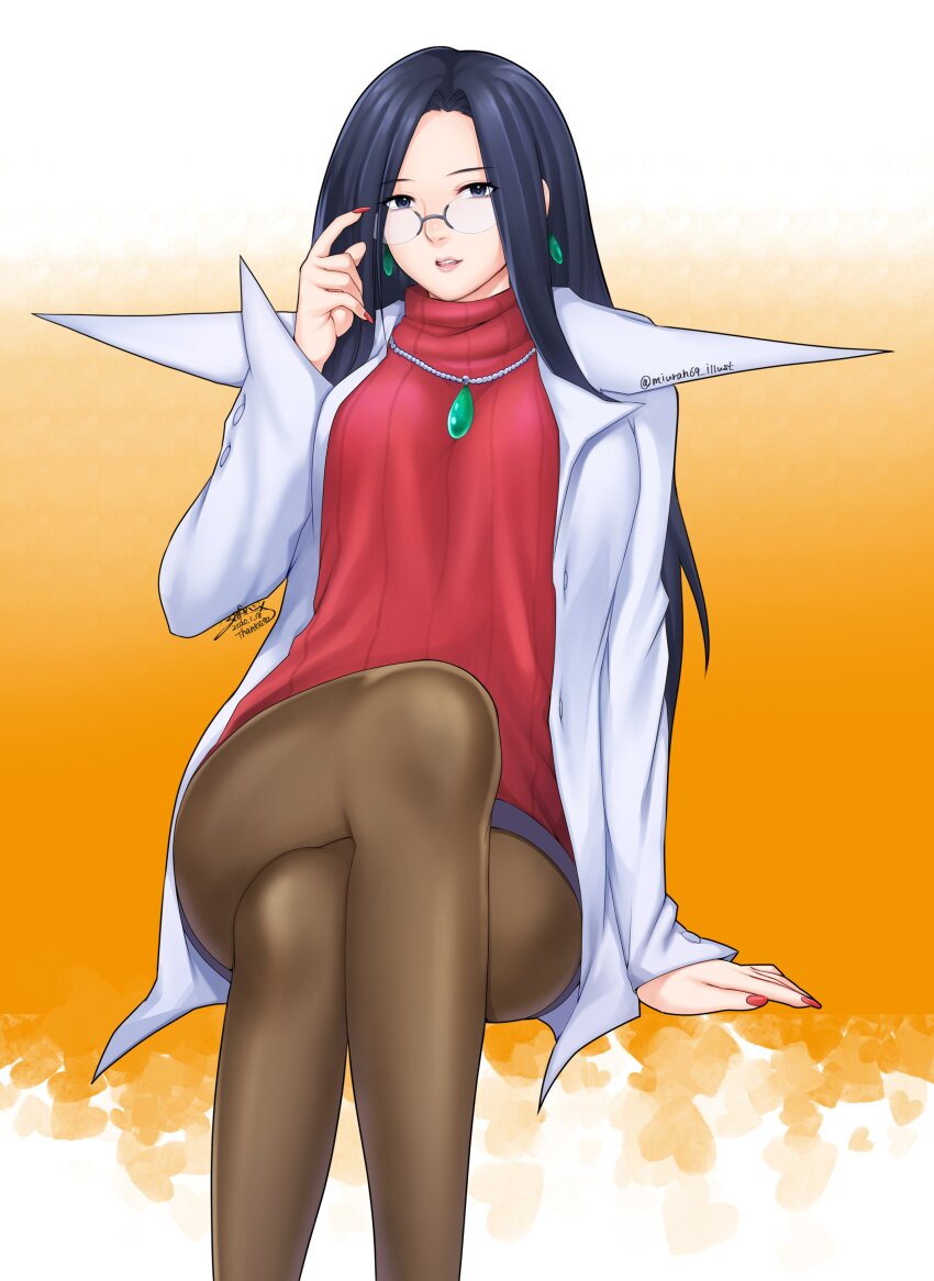 1girl absurdres black_pantyhose breasts crossed_legs earrings glasses highres jewelry justice_gakuen large_breasts lipstick long_hair looking_at_viewer makeup minazuki_kyouko miura_hajime nail_polish pantyhose solo