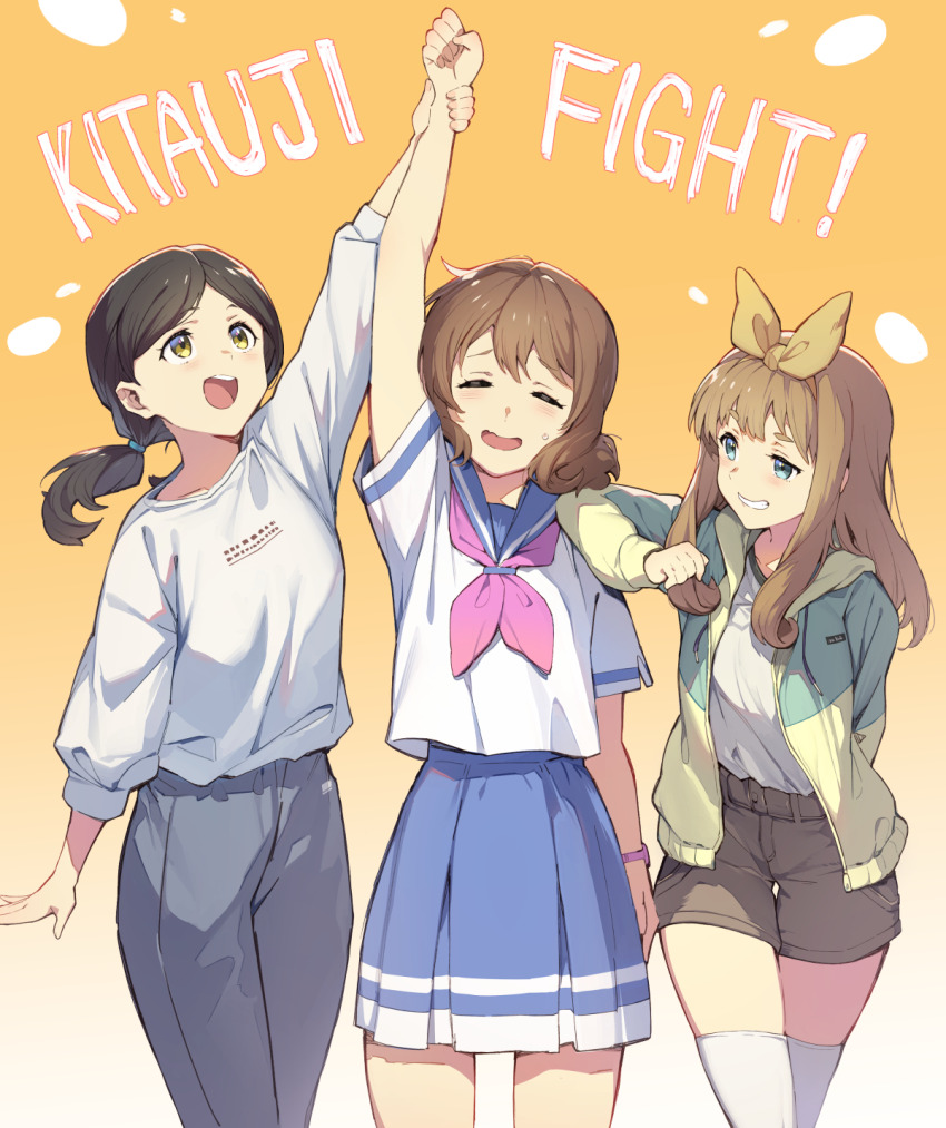 3girls 3s_(tarariko) arm_up blue_pants blue_skirt brown_hair brown_shorts denim excited green_eyes green_jacket hibike!_euphonium highres jacket jeans kitauji_high_school_uniform multiple_girls neckerchief nervous ogasawara_haruka open_clothes open_jacket orange_background oumae_kumiko pants pink_neckerchief school_uniform shirt shorts skirt smile thighhighs thighs white_shirt white_thighhighs yoshikawa_yuuko