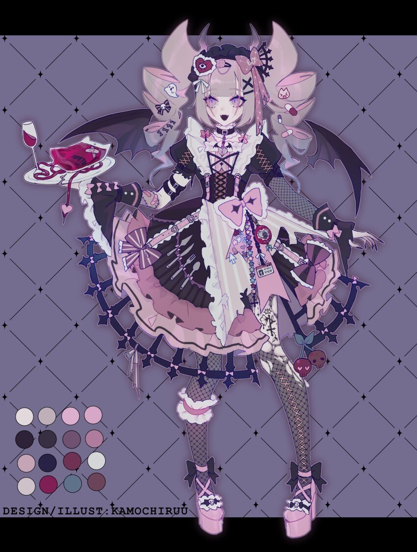 1girl :d alcohol asymmetrical_sleeves bandaid bandaid_on_arm black_bow black_choker black_dress black_headdress black_nails black_pantyhose black_wings bow broken_plate brown_corset brown_hair center-flap_bangs choker color_guide colored_inner_hair commentary commission corset cross-laced_clothes cross-laced_corset cross-laced_sleeves cup demon_wings dress drill_hair drinking_glass english_commentary english_text fangs fishnet_pantyhose fishnets footwear_bow fork frilled_bow frilled_choker frilled_dress frills full_body ghost_hair_ornament hair_bow hair_ornament hair_ribbon hairclip high_heels highres holding holding_plate indie_virtual_youtuber kamochiru knife legs_apart letterboxed long_hair looking_to_the_side medium_dress multicolored_hair nail_polish open_mouth outside_border pantyhose pigeon-toed pill pink_bow pink_eyes pink_hair pink_shoes plate platform_footwear platform_heels puffy_sleeves purple_background red_wine ribbon shoes simple_background single_fishnet_armwear skin_fangs slit_pupils smile solo sparkle spoon standing star_(symbol) stitched_arm stitches striped_clothes torn_clothes twin_drills vertical-striped_clothes virtual_youtuber white_ribbon wine wine_glass wings x_hair_ornament