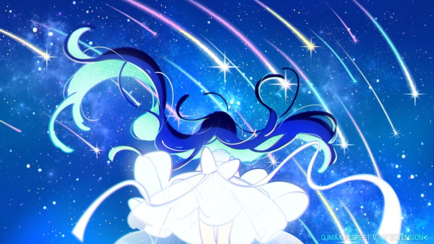 1girl aqua_hair back_bow blue_hair bow check_copyright chueog colored_inner_hair copyright_request cowboy_shot dress fake_screenshot floating_clothes floating_hair from_below highres medium_dress meteor_shower multicolored_hair night night_sky original outdoors pleated_dress shooting_star sky solo star_(sky) starry_sky two-tone_hair watermark white_bow white_dress