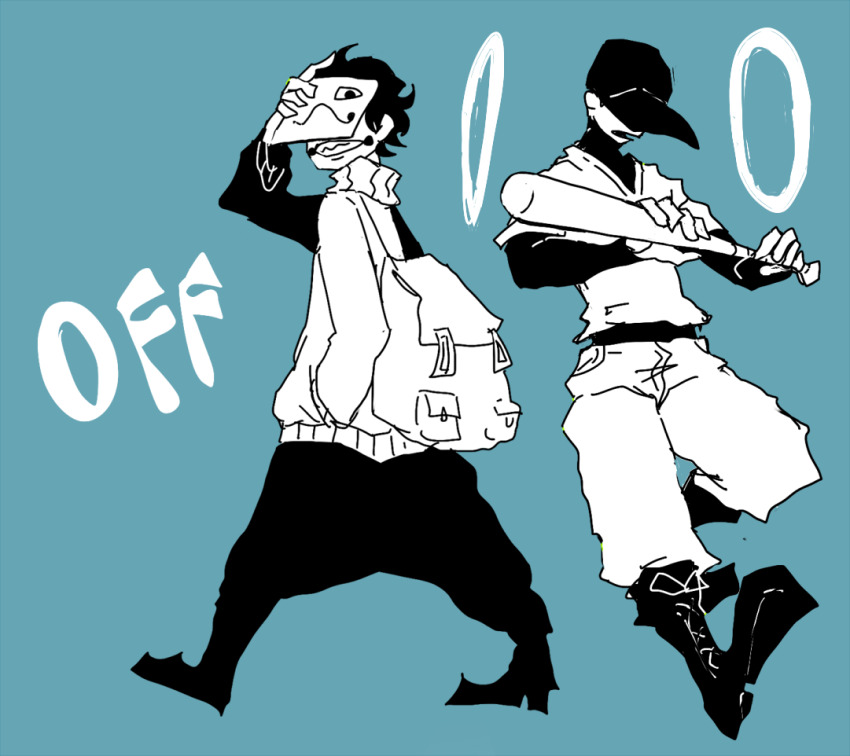 2boys add-on_(off) arm_up backpack bag baggy_pants baseball_bat baseball_cap blue_background boots copyright_name cross-laced_footwear full_body greyscale_with_colored_background grin hat holding holding_baseball_bat layered_sleeves long_sleeves male_focus mask multiple_boys off_(game) open_mouth pants shirt shirt_tucked_in short_over_long_sleeves short_sleeves simple_background sleeveless sleeveless_turtleneck smile t-shirt teeth the_batter_(off) turtleneck v-neck walking zacharie_(off) zjkao06