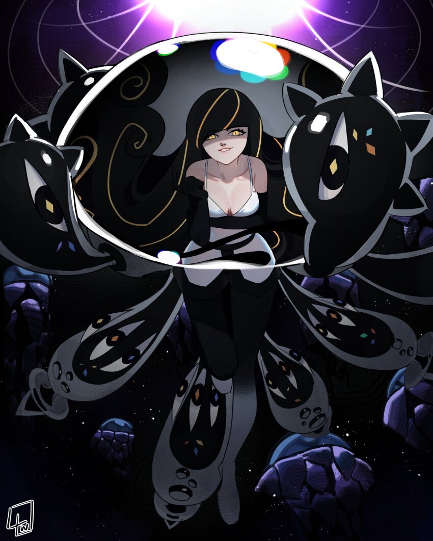 1girl adapted_costume alternate_costume arm_under_breasts beckoning black_hair black_pantyhose blonde_hair breasts cleavage dress eyelashes floating full_body grin hand_up highres l4wless long_hair looking_at_viewer lusamine_(pokemon) lusamine_fused_(pokemon) multicolored_hair nintendo pantyhose pokemon pokemon_sm short_dress sleeveless sleeveless_dress smile solo spaghetti_strap streaked_hair tentacles very_long_hair white_dress wormhole yellow_eyes
