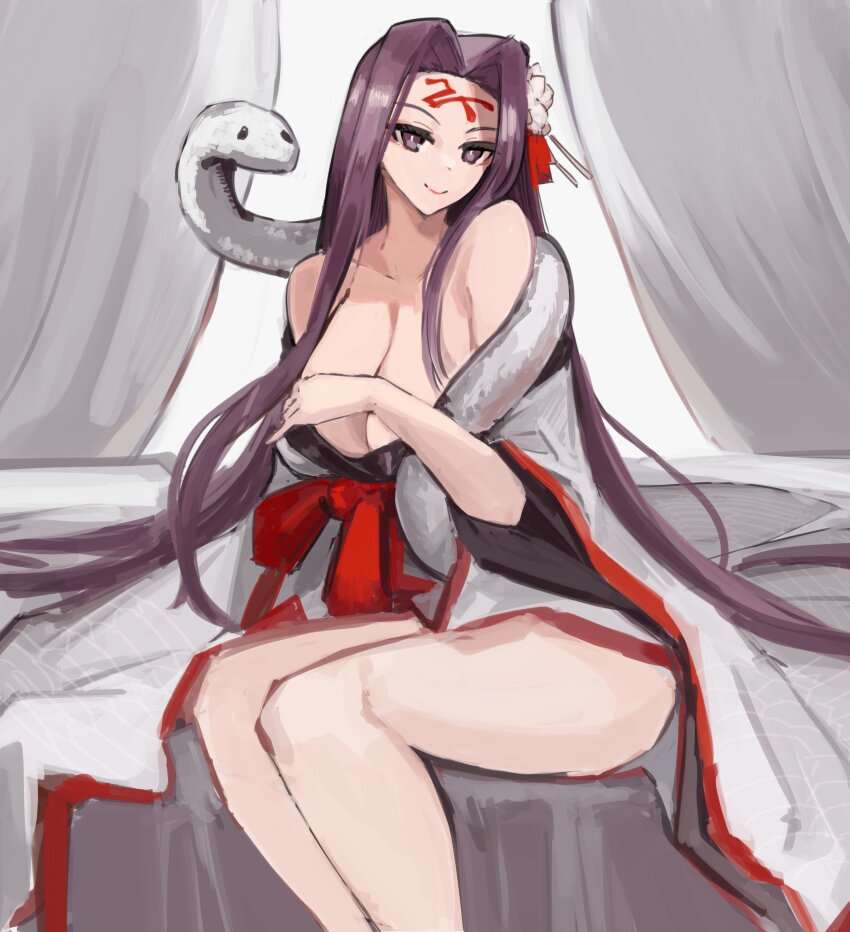 1girl 2025 absurdres alternate_costume animal bare_shoulders blush breasts chinese_zodiac cleavage facial_mark fate/stay_night fate_(series) forehead_mark giant_snake hair_ornament highres japanese_clothes jonyeld large_breasts long_hair looking_at_viewer medusa_(fate) medusa_(rider)_(fate) off_shoulder oversized_animal purple_eyes purple_hair smile snake snake_wrapped_around_body very_long_hair white_snake year_of_the_snake