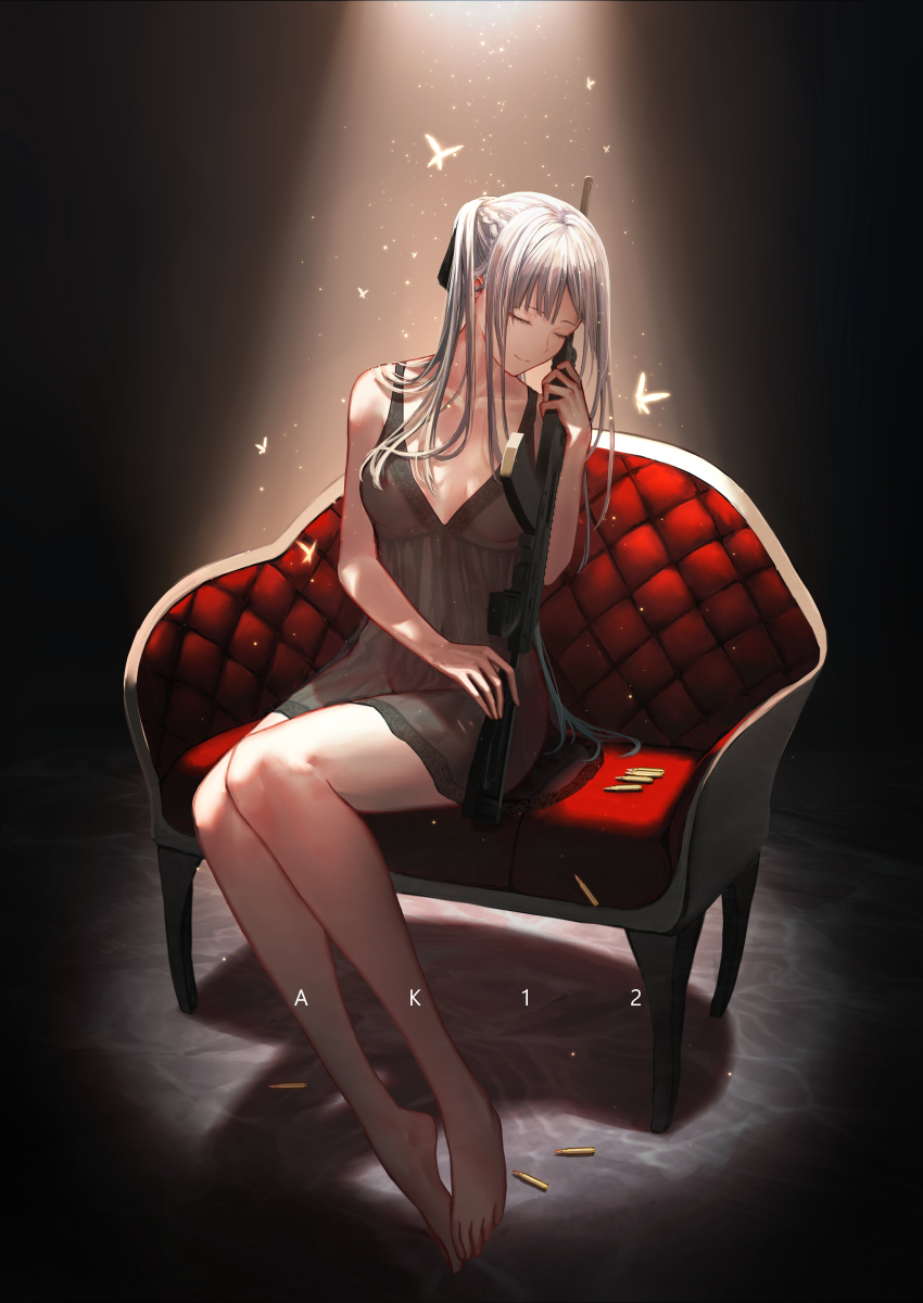 1girl absurdres ak-12 ak-12_(girls&#039;_frontline) assault_rifle barefoot black_chemise breasts bullet chair character_name chemise closed_eyes closed_mouth commentary_request convenient_censoring covered_navel full_body girls&#039;_frontline gun hair_censor highres holding holding_gun holding_weapon kalashnikov_rifle kayakooooo long_hair medium_breasts navel revision see-through_clothes sidelocks silver_hair sitting smile solo spaghetti_strap very_long_hair weapon