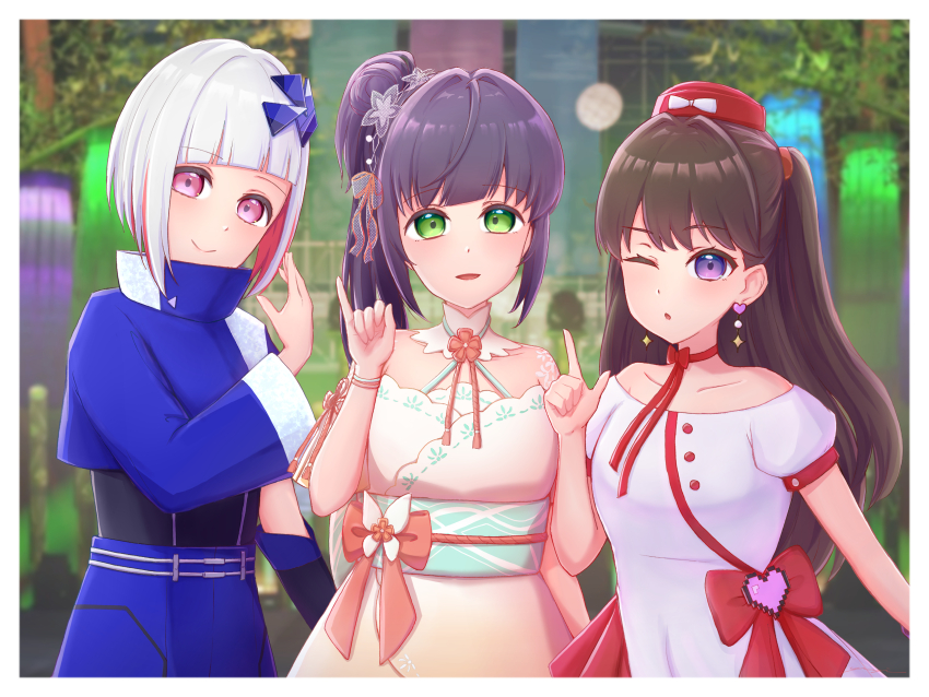 3girls :d ;o absurdres aoku_haruka/flower asymmetrical_sleeves blue_jacket blue_shorts blurry blurry_background blush bob_cut border brown_hair choker closed_mouth collarbone colored_inner_hair commentary criss-cross_halter cropped_jacket diagonal_bangs dress earrings finger_gun fujishima_megumi green_eyes green_sash hair_bun halter_dress halterneck hand_up hat heart heart_earrings highres inverted_bob jacket jewelry kannogi ladybug/beauty_(love_live!) link!_like!_love_live! long_sleeves looking_at_viewer love_live! miracreation/elegance multicolored_hair multiple_girls obi obijime off-shoulder_dress off_shoulder official_alternate_costume one_eye_closed open_mouth orange_dress otomune_kozue pink_eyes pinky_out puffy_short_sleeves puffy_sleeves purple_eyes purple_hair red_choker red_hair red_hat red_ribbon ribbon ribbon_choker sash short_hair short_sleeves shorts side_ponytail sidelocks single_side_bun smile sparkle_earrings split_mouth streaked_hair tanabata uneven_sleeves virtual_youtuber white_border white_dress white_hair yugiri_tsuzuri