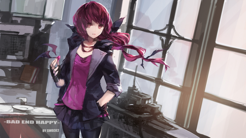 10s 1girl artist_name bad_end_happy bad_end_precure bad_id bad_pixiv_id black_gloves black_skirt character_name english_text eyelashes female_focus fingerless_gloves gloves hair_ornament happy highres jacket long_hair looking_at_viewer open_mouth pantyhose pink_eyes pink_hair pink_shirt precure shirt skirt smile smile_precure! solo standing swd3e2