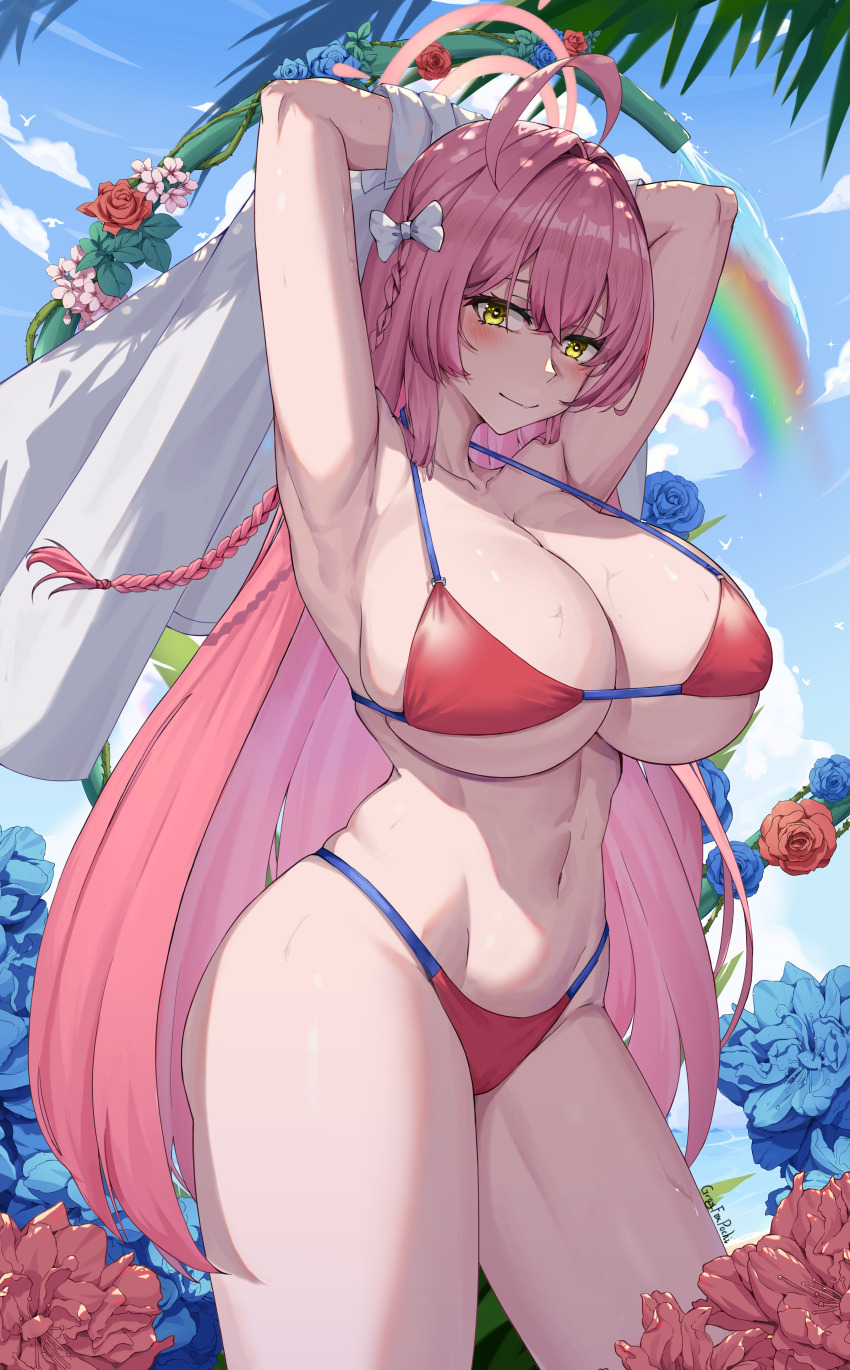 1girl absurdres ahoge arm_up armpits arms_behind_head arms_up bare_shoulders bikini blue_archive blue_sky blush breasts cleavage closed_mouth cloud cowboy_shot curvy day flower grayfoxpochi hair_between_eyes hair_ornament halo hanako_(blue_archive) hanako_(swimsuit)_(blue_archive) highleg highleg_bikini highres holding holding_hose hose huge_breasts long_hair looking_at_viewer navel official_alternate_costume outdoors pink_hair pink_halo rainbow red_bikini red_flower revision rose shirt skindentation sky smile solo standing stomach string_bikini swimsuit thick_thighs thighs unworn_shirt very_long_hair wet yellow_eyes