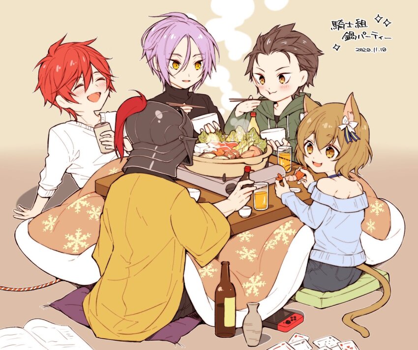 5boys :d :t ^_^ alcohol aldebaran_(re:zero) alternate_costume animal_ears arm_support black_hair black_pants black_shirt blue_choker blue_sweater blush book bow bowl brown_eyes brown_hair buu_(buu02) can card carrot_slice casual cat_boy cat_ears cat_tail choker choko_(cup) chopsticks closed_eyes cup cushion dated drawstring eating felix_argyle food green_hoodie hair_between_eyes hair_bow hanten_(clothes) helmet holding holding_bowl holding_can holding_chopsticks hood hood_down hoodie hotpot julius_juukulius kotatsu leaning_back lettuce long_sleeves mayonnaise mayonnaise_bottle meat multiple_boys mushroom natsuki_subaru nintendo_switch off-shoulder_sweater off_shoulder open_book open_mouth pants playing_card portable_stove purple_hair re:zero_kara_hajimeru_isekai_seikatsu red_hair reinhard_van_astrea shiitake shirt short_hair shrimp sitting smile snowflake_print soy_sauce soy_sauce_bottle squeeze_bottle steam sweater table tail tofu tokkuri turtleneck under_kotatsu under_table v-neck vegetable visor_(armor) white_bow white_shirt zabuton