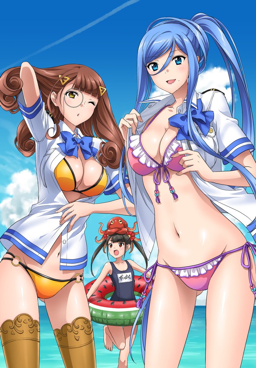 3girls absurdres aoki_hagane_no_arpeggio bare_shoulders barefoot bikini bikini_under_clothes black_hair blouse blue_eyes blue_hair blush breasts brown_hair character_name cleavage collarbone competition_swimsuit female_focus food_print fruit_print gluteal_fold groin high_ponytail highres holding holding_swim_ring hyuuga_(aoki_hagane_no_arpeggio) innertube itsuki_sayaka lace lace-trimmed_thighhighs lace_trim legs_apart legs_together looking_at_viewer mole mole_under_mouth multiple_girls navel ocean one-piece_swimsuit open_clothes open_mouth open_shirt outdoors parted_lips pink_bikini ponytail red_eyes shiny_skin shirt smile standing standing_on_one_leg swim_ring swimsuit takao_(aoki_hagane_no_arpeggio) thighhighs toes tucking_hair twintails water watermelon_print yellow_bikini yellow_eyes zuikaku_(aoki_hagane_no_arpeggio)