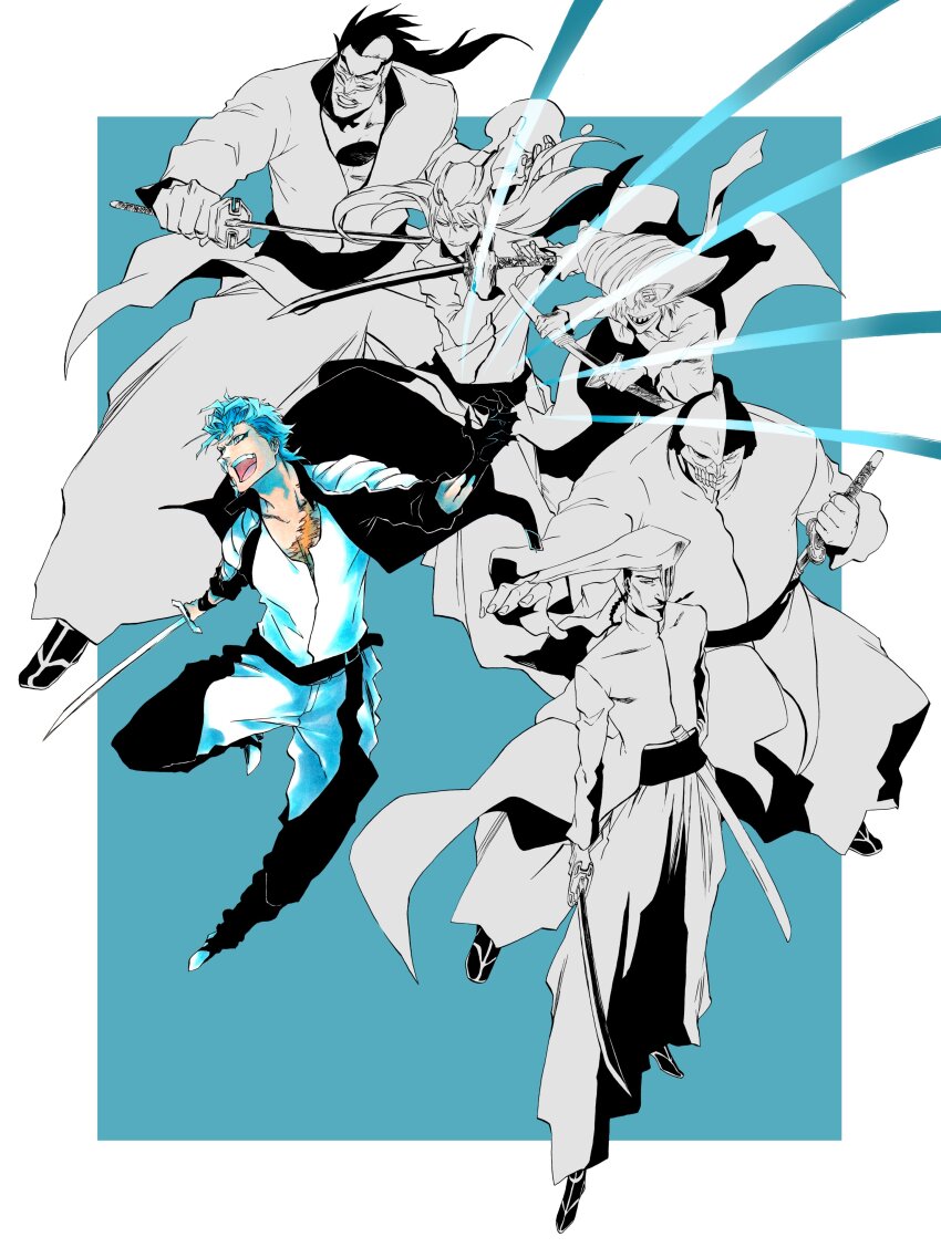 absurdres arrancar belt bleach blue_eyes blue_eyeshadow blue_hair braid braided_ponytail claws collarbone di_roy_rinker edrad_liones eyeshadow fighting_stance floating floating_clothes full_body grimmjow_jaegerjaquez hair_between_eyes half_mask highres holding holding_sword holding_weapon jacket ken&#039;ichi_(ken1ro_u) long_hair long_sleeves makeup mask multiple_boys nakeem_grindina one_eye_covered open_clothes open_jacket open_mouth partially_colored scabbard scar scar_on_chest shawlong_koufang sheath sword unsheathing weapon yylfordt_granz