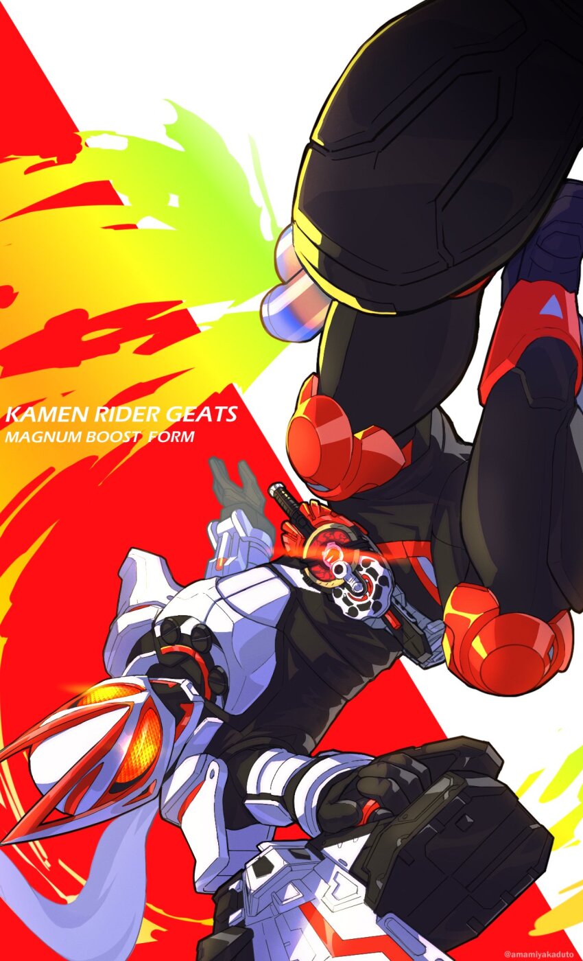1boy aiming amamiyakaduto animal_ears armor armored_boots black_bodysuit black_gloves bodysuit boots desire_driver rider_belt foreshortening fox fox_ears fox_mask fox_tail full_body gloves gun highres holding holding_gun holding_weapon kamen_rider kamen_rider_geats kamen_rider_geats_(series) kitsune magnum_boost mask mecha mechanical_legs motor_vehicle motorcycle orange_armor reiwa rider_belt robot scarf shoulder_armor solo tail tokusatsu upside-down weapon white_armor yellow_eyes