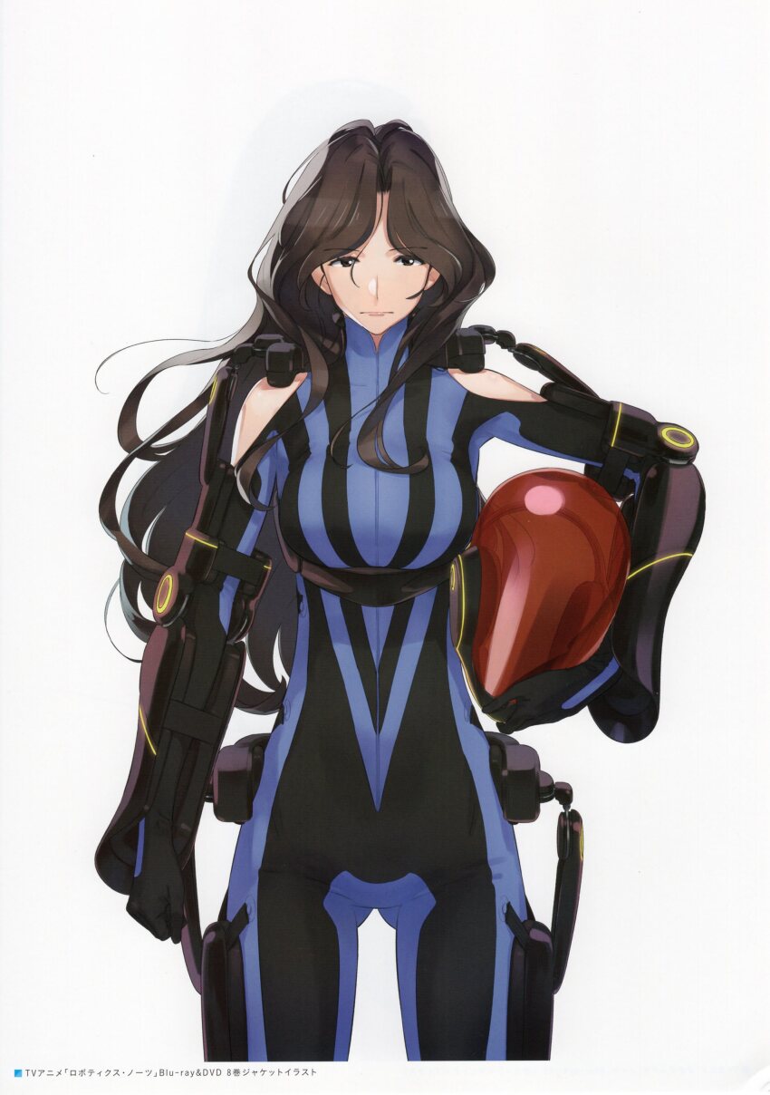 1girl absurdres bare_shoulders blue_bodysuit bodysuit breasts brown_eyes brown_hair clenched_hand closed_mouth clothing_cutout elbow_gloves exoskeleton expressionless facing_viewer fukuda_tomonori full_body gloves helmet high_collar highres holding holding_helmet lips long_hair looking_at_viewer mecha_pilot_suit medium_breasts non-web_source official_art parted_bangs pink_lips robotics;notes scan senomiya_misaki shoulder_cutout simple_background solo striped_bodysuit vertical-striped_bodysuit white_background