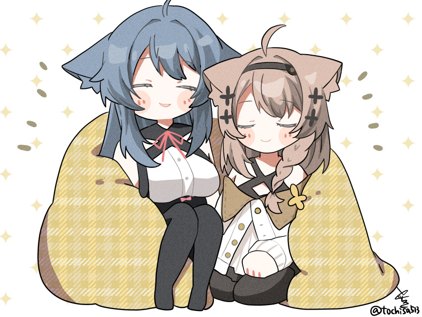 2girls ahoge animal_ear_fluff animal_ears bare_shoulders black_hairband black_pantyhose black_skirt blanket blue_hair blush blush_stickers braid breasts brown_hair chibi closed_eyes closed_mouth facing_viewer hair_ornament hairband highres jacket kikyo_(vrchat) large_breasts long_hair long_sleeves medium_breasts multiple_girls neck_ribbon no_shoes off_shoulder pantyhose parted_lips puffy_long_sleeves puffy_sleeves red_ribbon ribbon shinano_(vrchat) shirt signature simple_background single_braid sitting skirt sleeves_past_wrists smile sparkle thighhighs tochisa_(tochisa513) twitter_username unmoving_pattern vrchat white_background white_jacket white_shirt