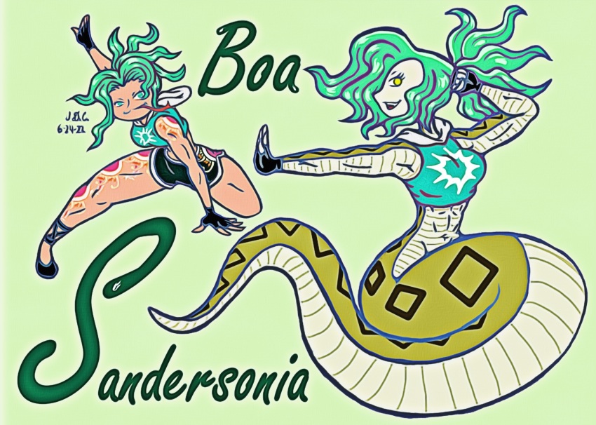 1girl abs alternate_costume alternate_form alternate_hairstyle anaconda boa_sandersonia breasts female_focus green_eyes green_hair highres hybrid large_breasts muscular muscular_female one_piece scales smile snake snake_girl snake_tail snake_tongue solo tail tattoo yellow_eyes